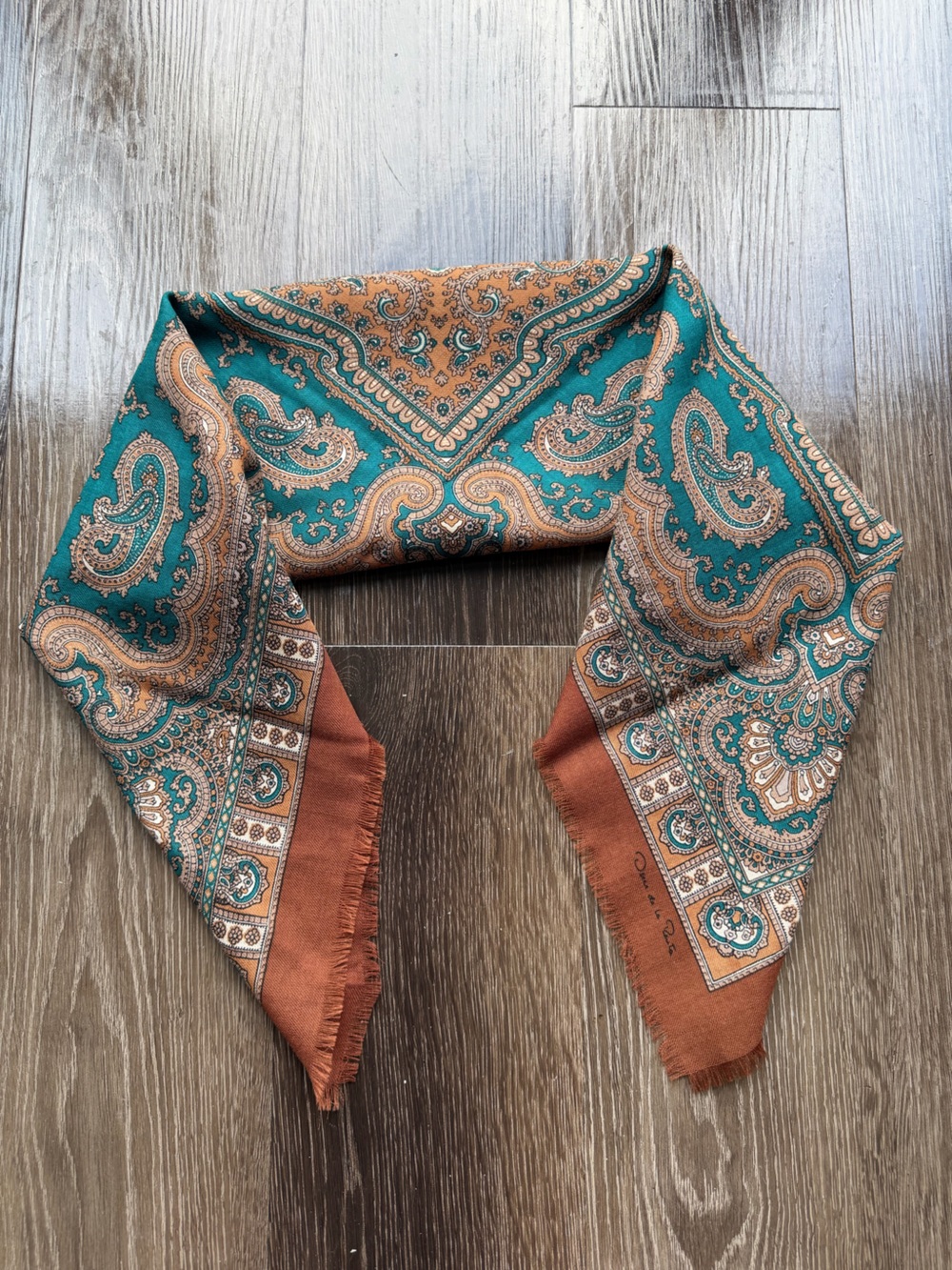 Oscar de la Renta Paisley Square Scarf Fringe Teal Brown Beige 30x30"